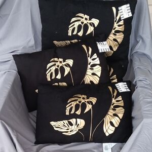 Black and Gold Leaf Print Throw Pillows